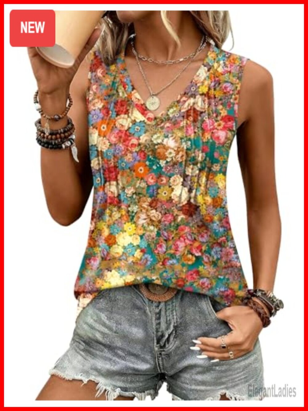 Loose Fit V Neck Sleeveless Tank Top Pleated Flowy Summer Top